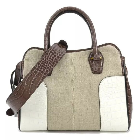Auth TOD’S Handbag Shoulder Bag Brown/White Embossed Leather/Canvas